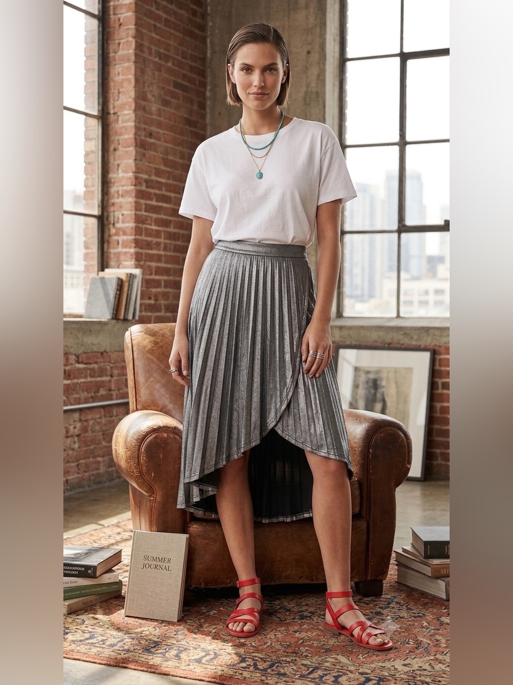 Shimmering Gray High-Low Pleated Skirt